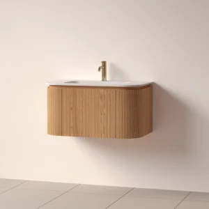 Faeber Lunar 3 Drawer Curved Fluted 800mm Vanity Unit Oak With Matt White Basin 1th (drilled On-site)