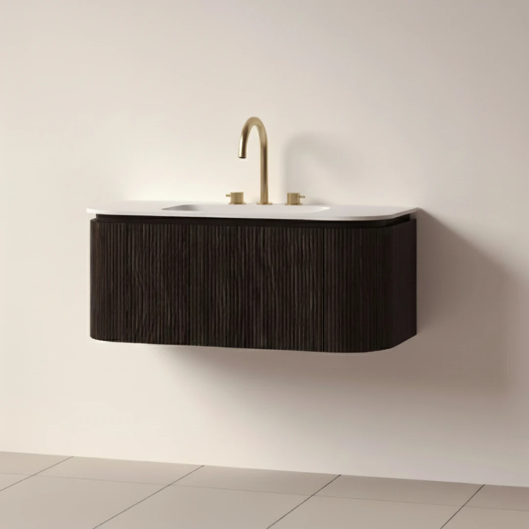 Faeber Lunar 3 Drawer Curved Fluted 1000mm Vanity Unit Black Walnut With Matt White Basin 3th (drilled On-site)