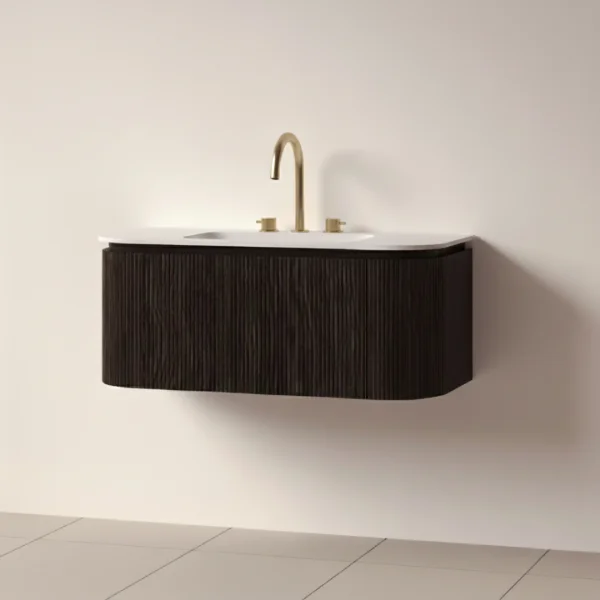 Faeber Lunar 3 Drawer Curved Fluted 1000mm Vanity Unit Black Walnut With Matt White Basin 3th (drilled On-site)