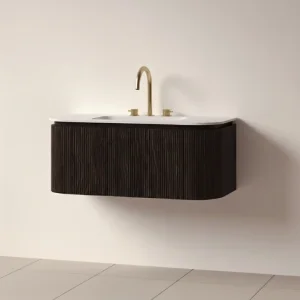 Faeber Lunar 3 Drawer Curved Fluted 1000mm Vanity Unit Black Walnut With Matt White Basin 3th (drilled On-site)