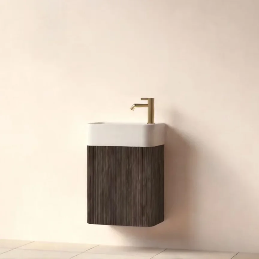 Faeber Lunar Cloakroom Curved Fluted 450mm Vanity Unit Black Walnut - Left product image - Image 1