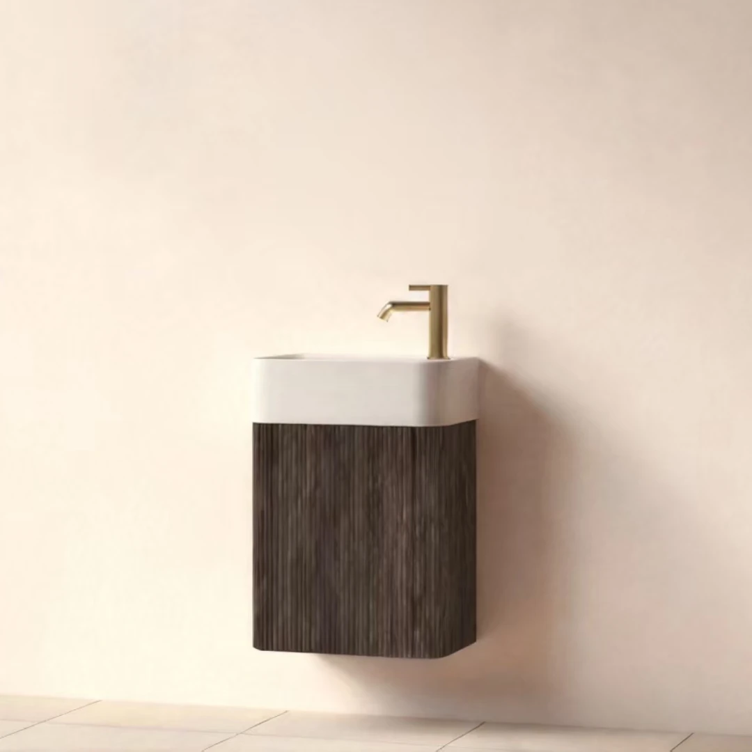 Faeber Lunar Cloakroom Curved Fluted 450mm Vanity Unit Black Walnut - Right