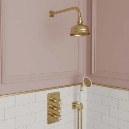 Just Taps Grosvenor Cross Thermo Concealed 2 Outlet Shower Valve Vertical  Light Gold detail view - Image 2