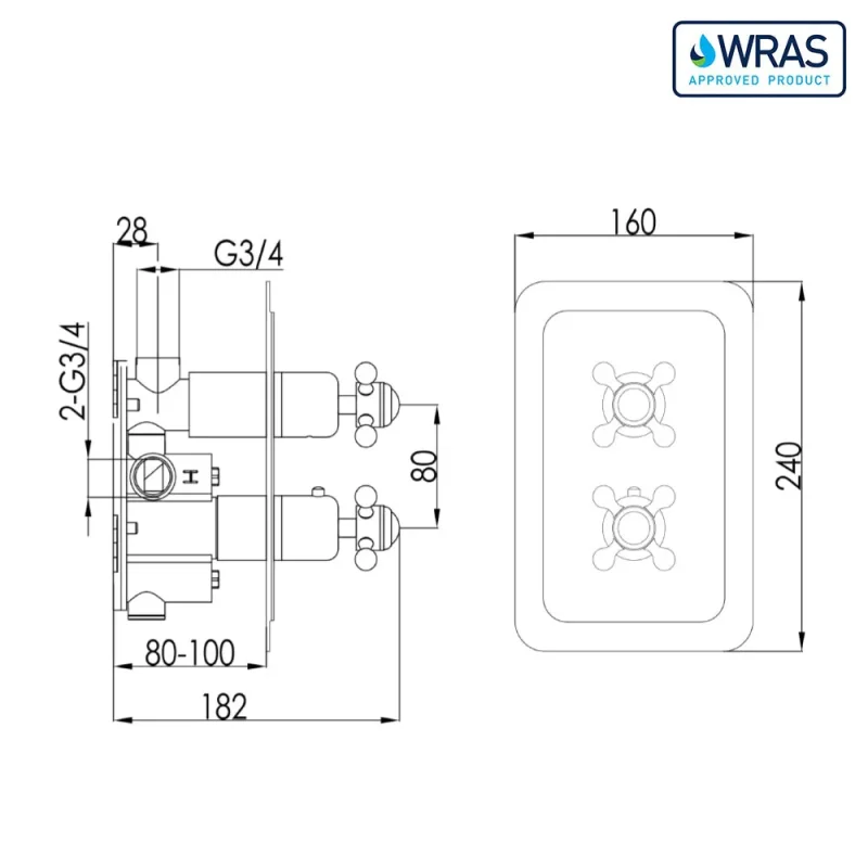 Just Taps Grosvenor Cross Thermo Concealed 2 Outlet Shower Valve Vertical  Light Gold detail view - Image 3