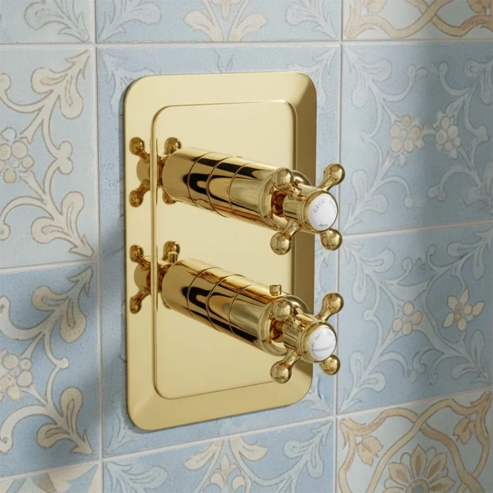 Just Taps Grosvenor Cross Thermo Concealed 2 Outlet Shower Valve Vertical  Light Gold detail view - Image 4