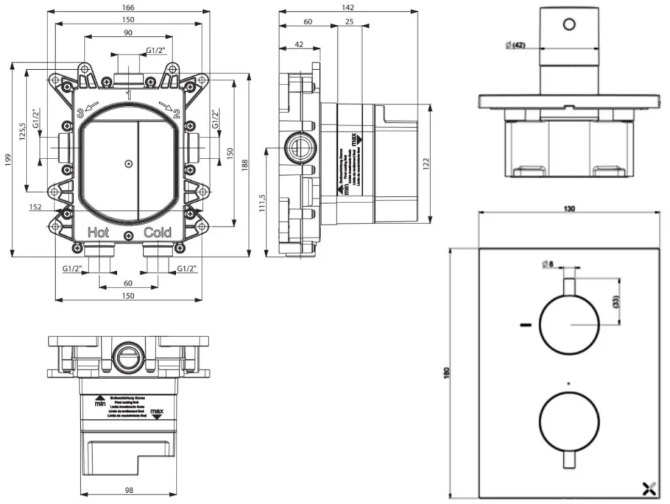 Crosswater Mpro Crossbox 3 Outlet Trim & Valves Slate detail view - Image 2
