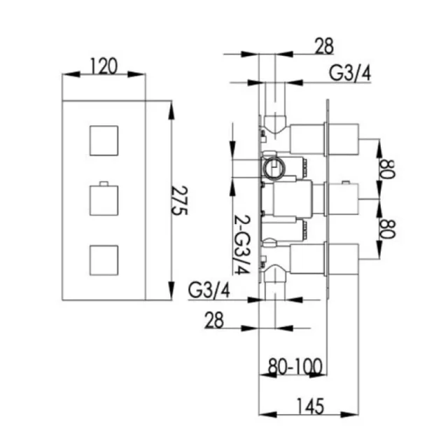 Just Taps Athena Square Shower Valve 3 Handles 2 Outlets Chrome detail view - Image 2