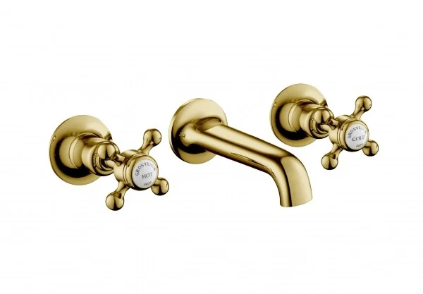 Just Taps Grosvenor Cross 3 Hole Wall Mounted Bm With Spout Light Gold