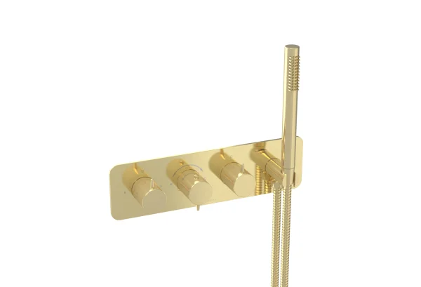 Saneux Eden 3 Way Thermostatic Shower Valve Kit In Landscape With Handspray - Brushed Brass