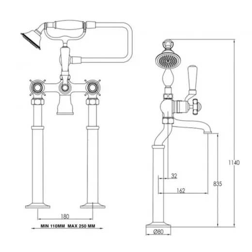 Just Taps Grosvenor Pinch Freestanding Bath Shower Mixer With Kit detail view - Image 2
