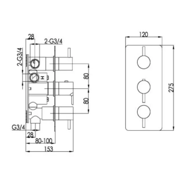 Just Taps Florence Thermostatic Concealed 3 Outlet  Vertical Designer Handle Chrome detail view - Image 2
