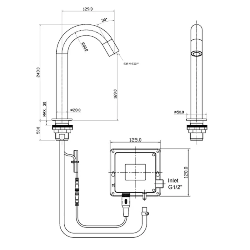 Just Taps React Sensor Deck Spout Mains And Battery Operated Inox detail view - Image 2