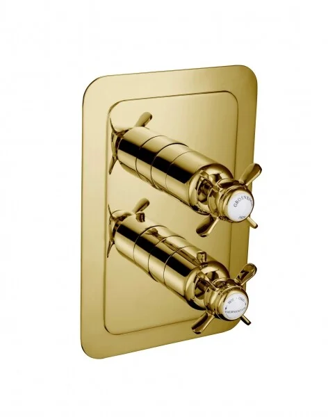 Just Taps Grosvenor Pinch Concealed Thermostatic 2 Outlet Valve Vertical Light Gold
