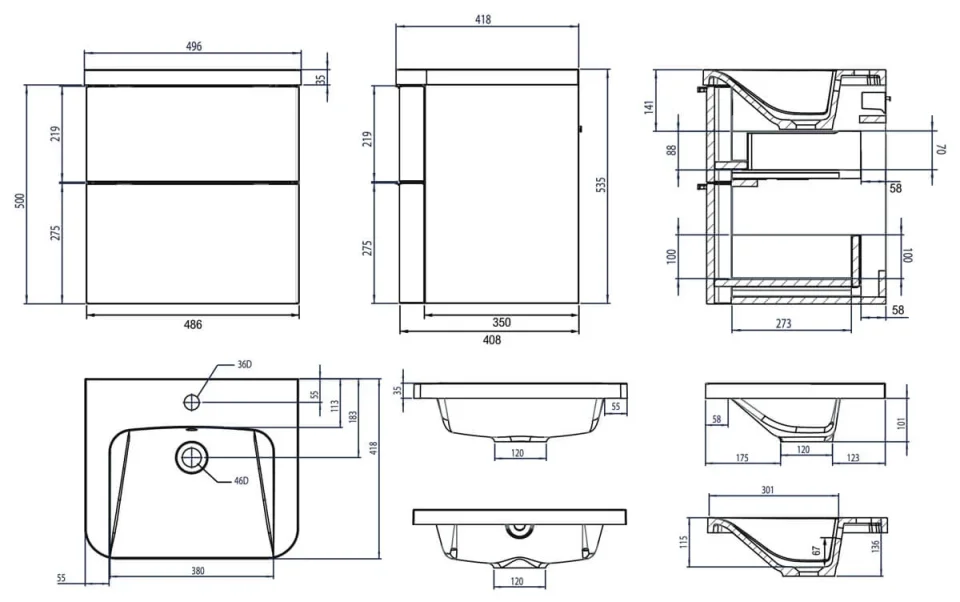 Roper Rhodes 500mm System Wall Mounted Double Drawer Unit - White technical drawing - Image 2