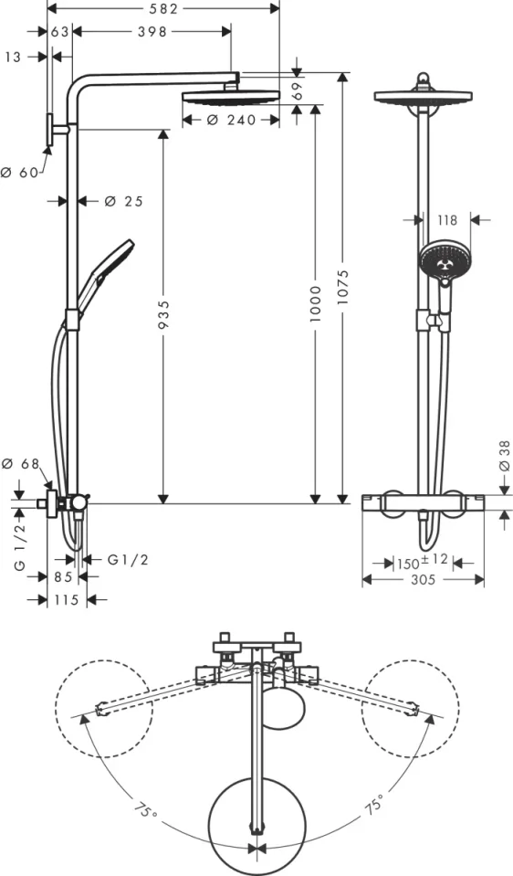 Hansgrohe Raindance Select S Showerpipe 240 2jet With Thermostatic Shower Mixer Chrome detail view - Image 3