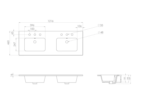 Saneux Uni 120x47cm 2 Bowl Washbasin 3th
