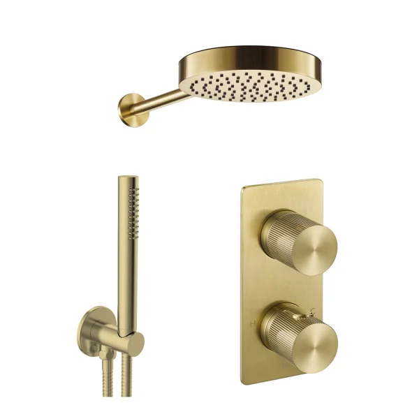 Just Taps Evo 2 Outlet Shower Valve, Arm 400mm,overhead Shower 200mm, Round Water Outlet - Brushed Brass