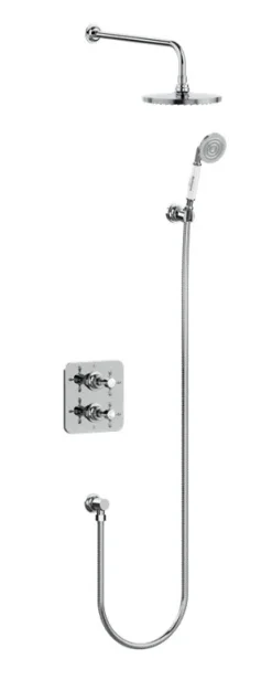 Burlington Guild Square Thermostatic Two Outlet Concealed Divertor Shower Valve Fixed Shower Arm & Head, Holder & Handset With Hose And Outlet Elbow Brushed Nickel detail view - Image 2