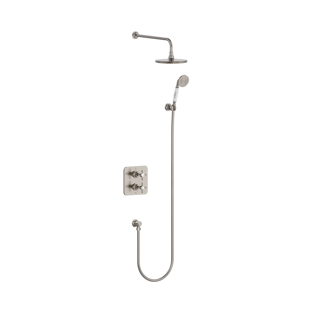 Burlington Guild Square Thermostatic Two Outlet Concealed Divertor Shower Valve Fixed Shower Arm & Head, Holder & Handset With Hose And Outlet Elbow Brushed Nickel