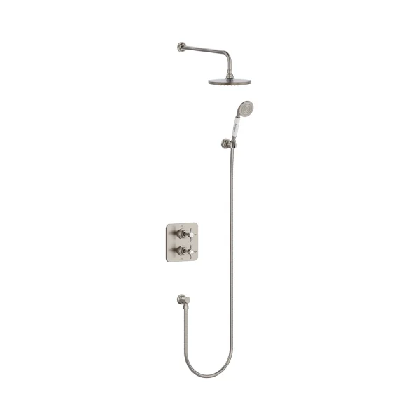 Burlington Guild Square Thermostatic Two Outlet Concealed Divertor Shower Valve Fixed Shower Arm & Head, Holder & Handset With Hose And Outlet Elbow Brushed Nickel