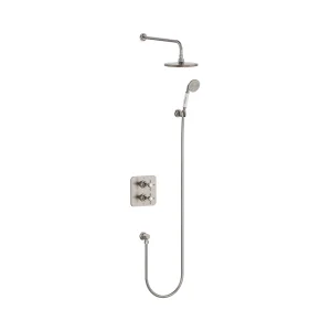 Burlington Guild Square Thermostatic Two Outlet Concealed Divertor Shower Valve Fixed Shower Arm & Head, Holder & Handset With Hose And Outlet Elbow Brushed Nickel
