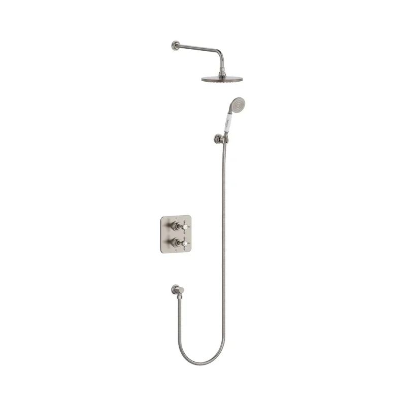 Burlington Guild Square Thermostatic Two Outlet Concealed Divertor Shower Valve Fixed Shower Arm & Head, Holder & Handset With Hose And Outlet Elbow Brushed Nickel product image - Image 1