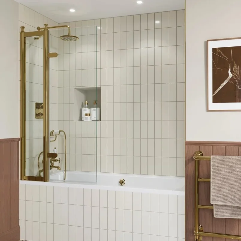 Burlington Classique Hinged Inline Bath Screen 850 Gold detail view - Image 3