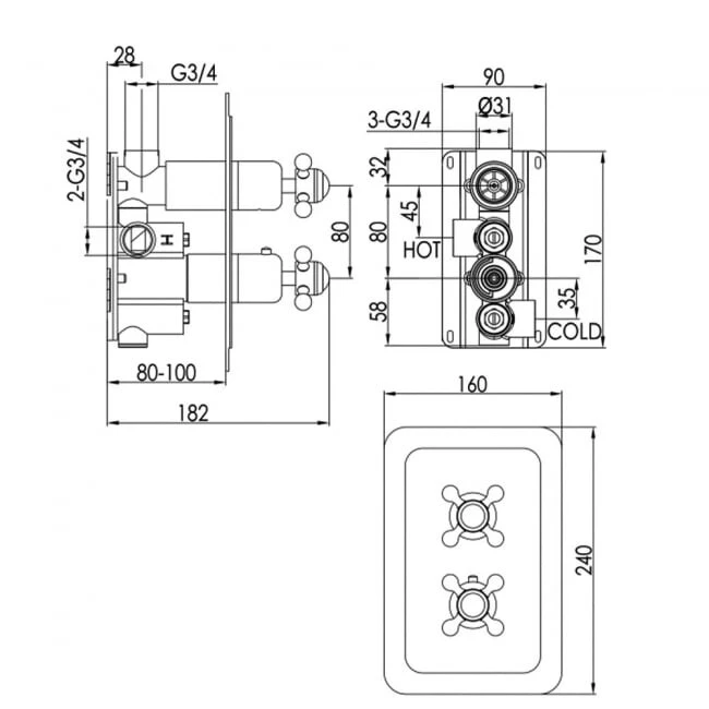 Just Taps Grosvenor Cross Concealed Thermostatic 1 Outlet Valve Chrome