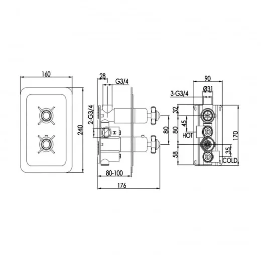 Just Taps Grosvenor Pinch- Concealed Thermostatic 1 Outlet Valve Vertical Chrome detail view - Image 2