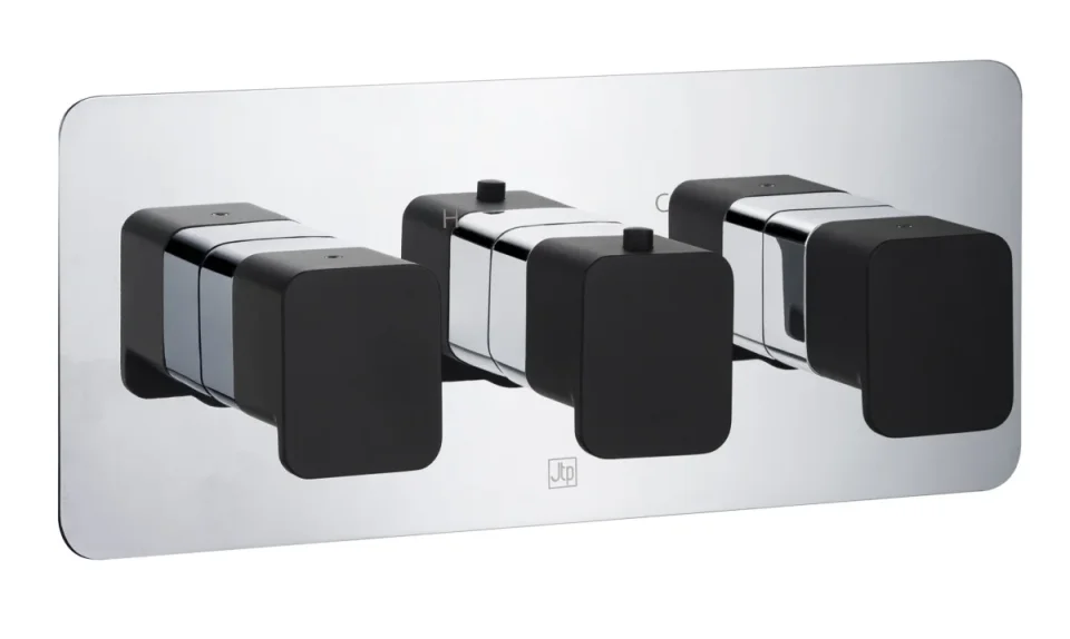 Just Taps Axel Thermo Concealed 3 Outlet Shower Valve Matt Black Handle Chrome product image - Image 1