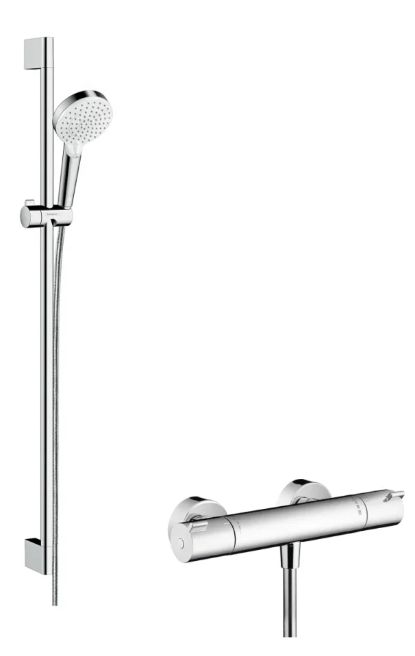 Hansgrohe Crometta Shower System 100 Vario With Ecostat 1001 Cl Thermostatic Mixer And Shower Rail 90 Cm White/chrome product image - Image 1