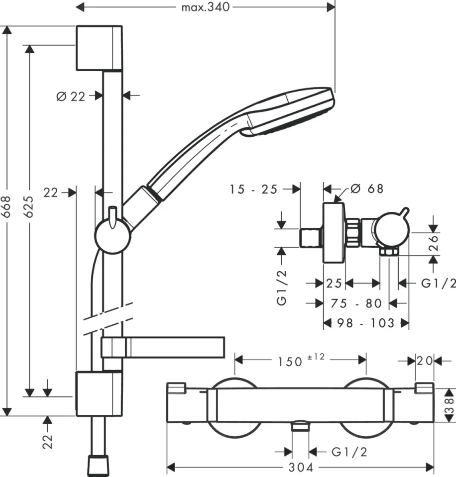 Hansgrohe Croma 100 Shower System Multi With Ecostat Comfort Thermostatic Mixer And Shower Rail 90 Cm Chrome detail view - Image 3