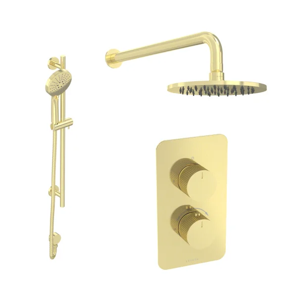 Saneux Cos 2 Way Shower Kit - W/ 3 Function Handset & Slider Rail & Shower Head - Fluted - Brushed Brass