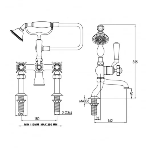 Just Taps Grosvenor Pinch Bath Shower Mixer With Kit Chrome detail view - Image 2