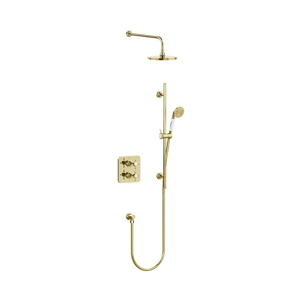 Burlington Guild Square Thermostatic Two Outlet Concealed Divertor Shower Valve Fixed Shower Arm & Head Rail Hose Handset And Outlet Elbow Gold