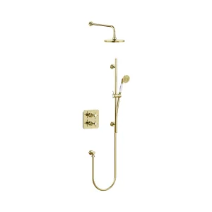 Burlington Guild Square Thermostatic Two Outlet Concealed Divertor Shower Valve Fixed Shower Arm & Head Rail Hose Handset And Outlet Elbow Gold