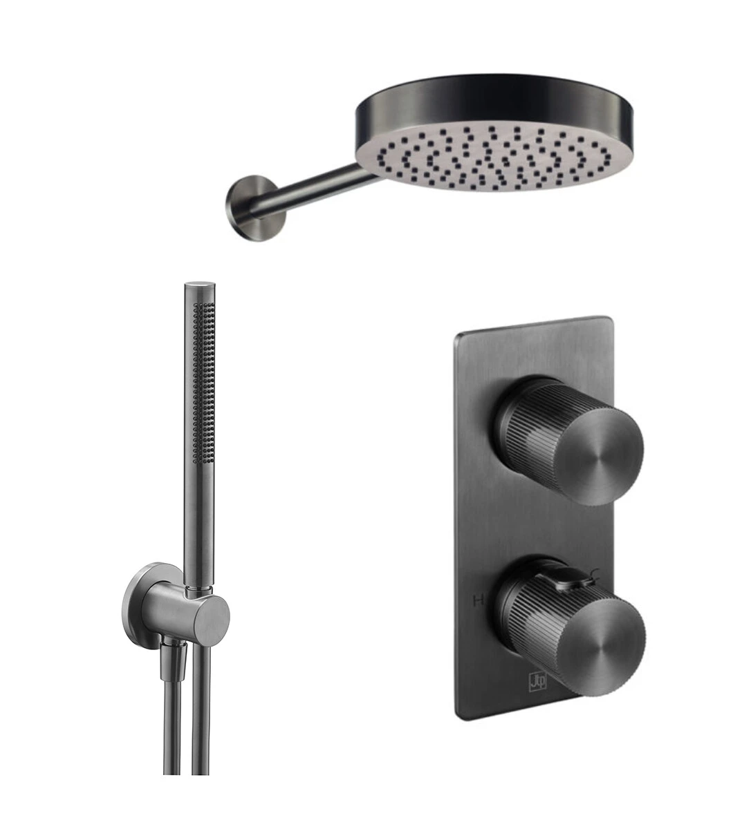 Just Taps Evo 2 Outlet Shower Valve, Arm 400mm, Overhead Shower 250mm, Round Water Outlet - Brushed Black