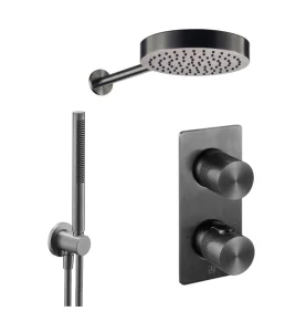Just Taps Evo 2 Outlet Shower Valve, Arm 400mm, Overhead Shower 250mm, Round Water Outlet - Brushed Black