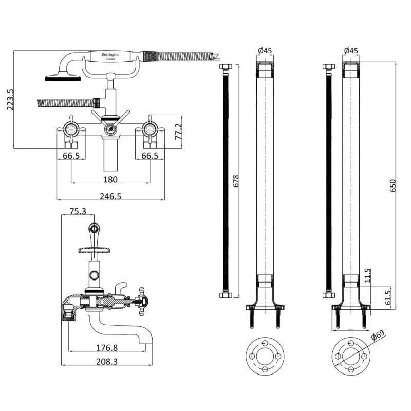 Burlington Guild Bath Shower Mixer Floor Mounted Chrome detail view - Image 2