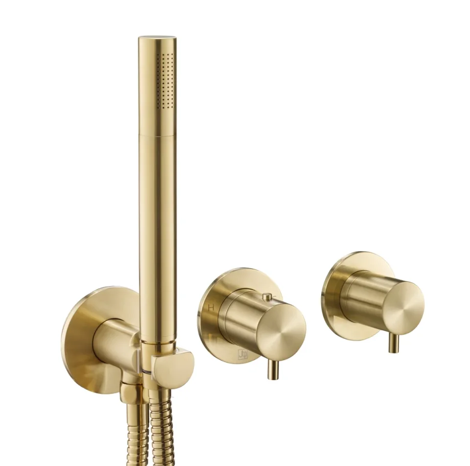 Just Taps Vos Modular 2 Handle 2 Outlet Thermostatic Shower Valve W Handset Brushed Brass product image - Image 1