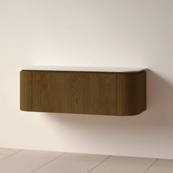 Faeber Lunar 3 Drawer Curved Fluted 1200mm Vanity Unit Walnut With Matt White Countertop