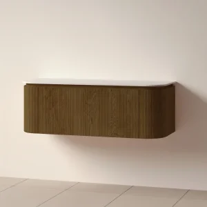 Faeber Lunar 3 Drawer Curved Fluted 1200mm Vanity Unit Walnut With Matt White Countertop