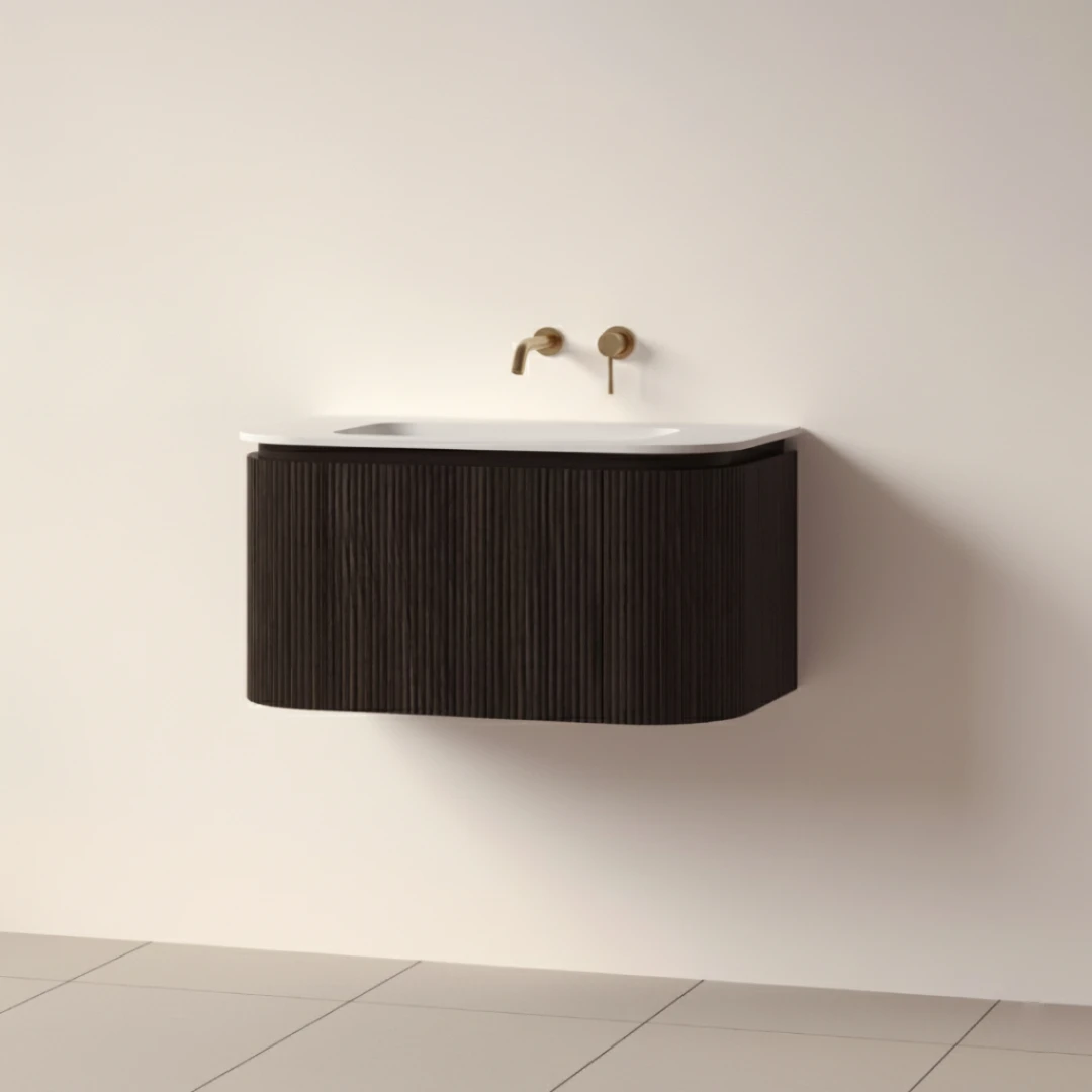 Faeber Lunar 3 Drawer Curved Fluted 800mm Vanity Unit Black Walnut With Matt White Basin 0th