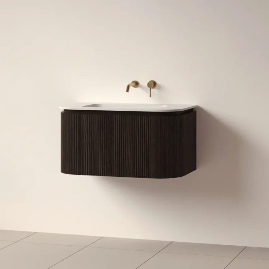 Faeber Lunar 3 Drawer Curved Fluted 800mm Vanity Unit Black Walnut With Matt White Basin 0th product image - Image 1