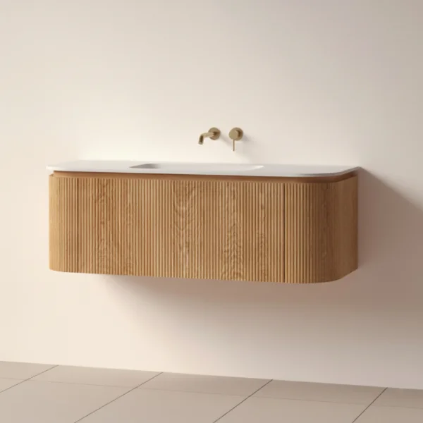 Faeber Lunar 3 Drawer Curved Fluted 1200mm Vanity Unit Oak With Matt White Basin 0th