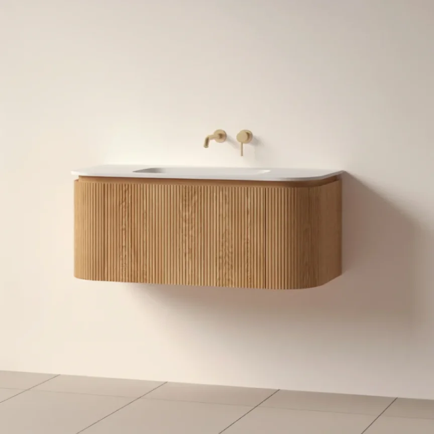Faeber Lunar 3 Drawer Curved Fluted 1000mm Vanity Unit Oak With Matt White Basin 0th product image - Image 1