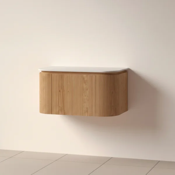 Faeber Lunar 3 Drawer Curved Fluted 800mm Vanity Unit Oak With Matt White Countertop