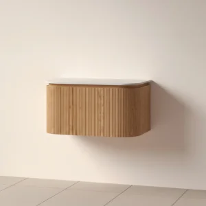 Faeber Lunar 3 Drawer Curved Fluted 800mm Vanity Unit Oak With Matt White Countertop