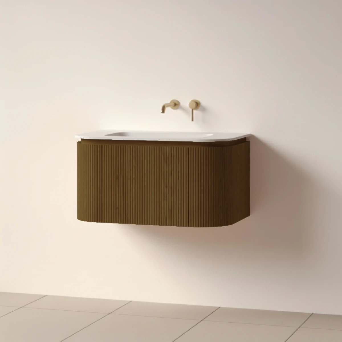 Faeber Lunar 3 Drawer Curved Fluted 800mm Vanity Unit Walnut With Matt White Basin 0th