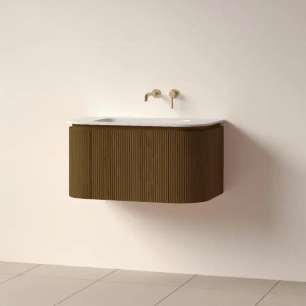 Faeber Lunar 3 Drawer Curved Fluted 800mm Vanity Unit Walnut With Matt White Basin 0th
